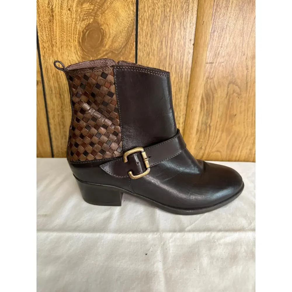Sesto Meucci Leather Woven Side Zip Ankle Boots Western Ranch Brown 6.5